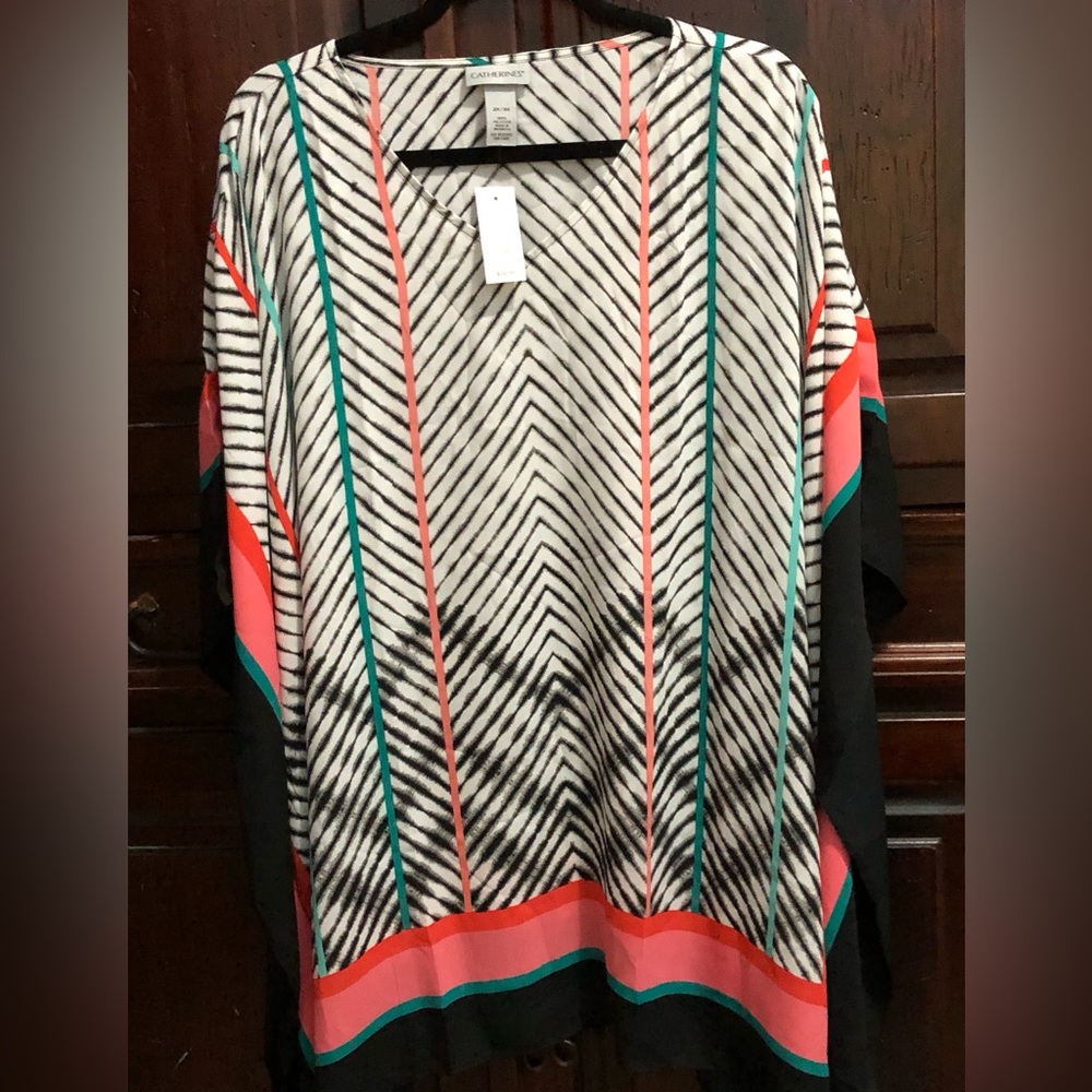 Catherine’s Catalina Island Poncho Sz 2X/3X Peach, green and black blouse NWT